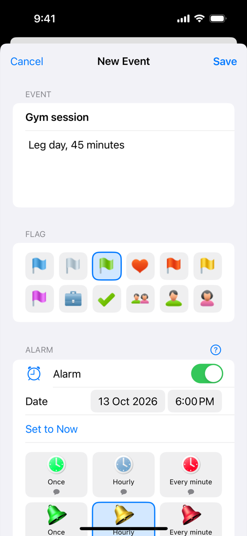 Editing an event: name, description, flag and alarm