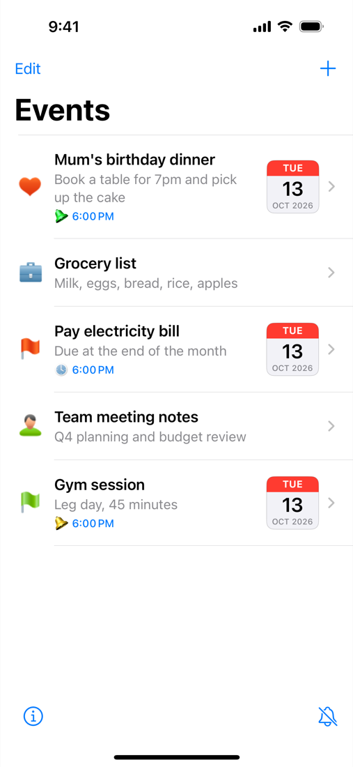 Event list with flags and alarm date badges